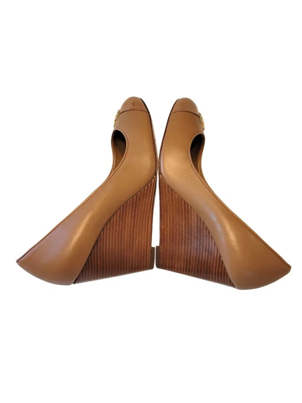 Tory Burch Jolie Nappa Leather Closed Cap Toe Wedge Heels in Royal Tan